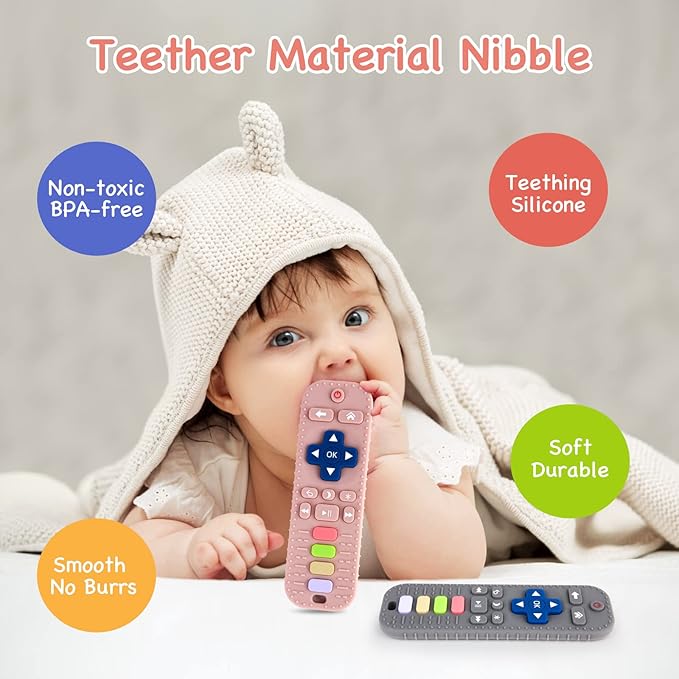 Hooku 2 Pack Teething Toys for Babies 0-6 Months, Silicone Teethers for Babies 6-12 Months, Remote Teether for Baby, Sensory Toys for Babies, Baby Chew Toys, Toddler Infant Newborn Baby Girl Boy Gifts