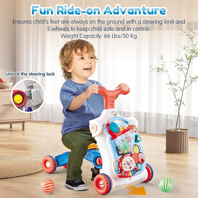 Baby Walker 5 in 1,VATOS Sit-to-Stand Learning Walker,Assemble as Scooter/Balance Bike/Push Walker/Activity Table/Detachable Panel,Push Walkers Toys with Music for Toddlers Infant Boys Girls
