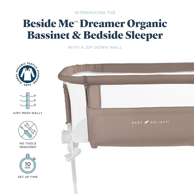 Baby Delight Beside Me Dreamer Bassinet | Bedside Sleeper & Baby Bassinet | 6-Position Height Adjustment | 100% GOTS Certified Organic Cotton Fabric | Organic Mocha