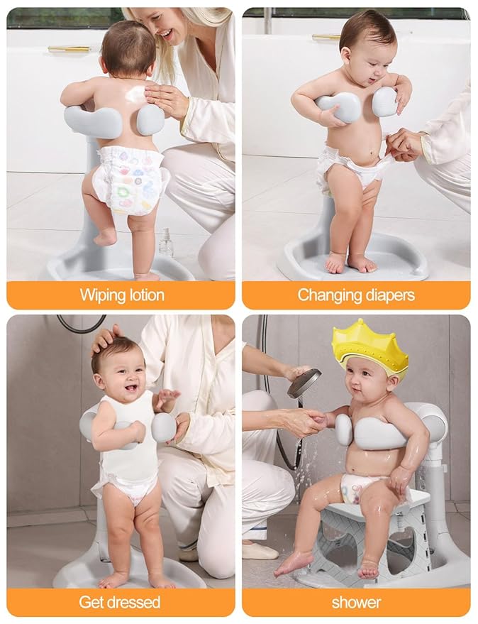 (3 in 1) Baby Shower Stand, Adjustable Baby Bath Stand with Safety Handle,Shower Head Holder for Babies 6-36 Months Baby & Toddlers,Bath Essentials for Infants(Gray White)