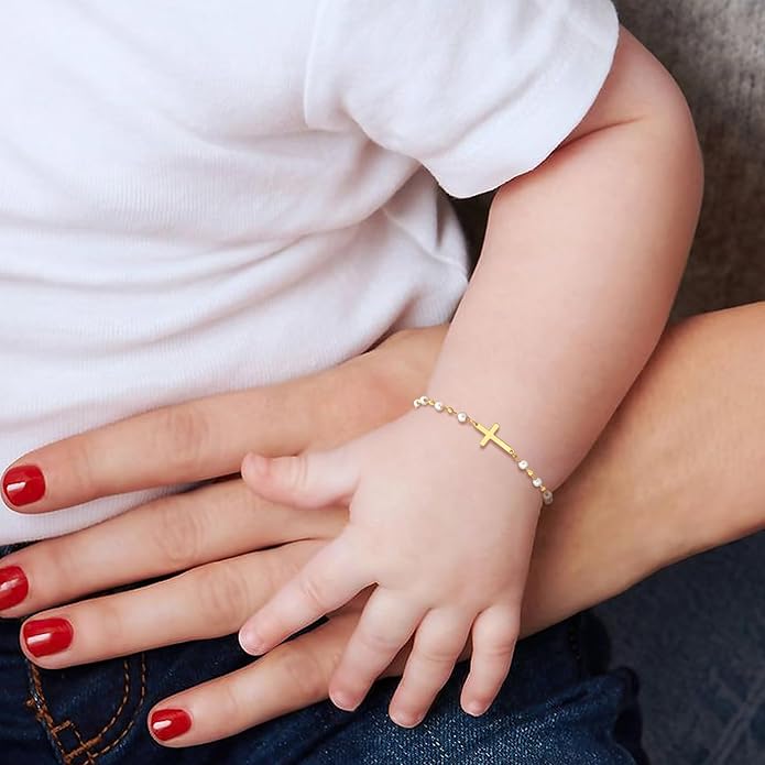 Baby Baptism Cross Bracelet Gift : 18k Gold Plated/Silver Delicate Pearl Cross Bracelets Kids Daughter Granddaughter Birthday First Communion Confirmation Gifts Christian Jewelry for Boys Girls