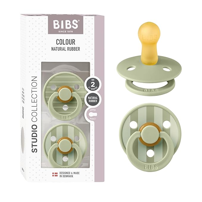 BIBS Pacifiers - Colour Studio 2 Pack | Round Nipple Baby Pacifier | BPA Free Natural Rubber Latex Soother | Made in Denmark | Size 6+ Months | Pin Sage