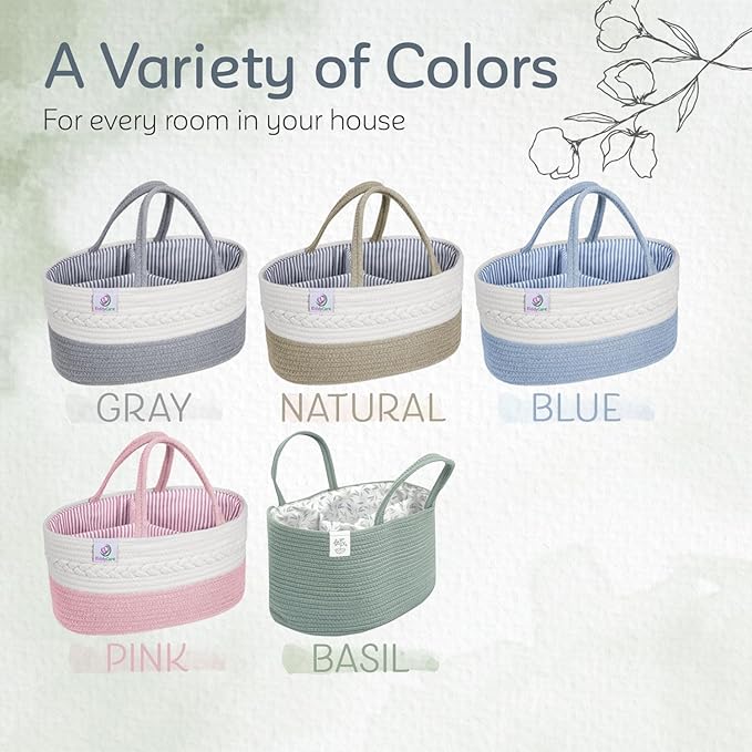 KiddyCare Diaper Caddy Organizer for Baby Nursery Basket with Handle Lid Nursing Caddy with Changing Table Organizer Cart Newborn Caddy Basil Large