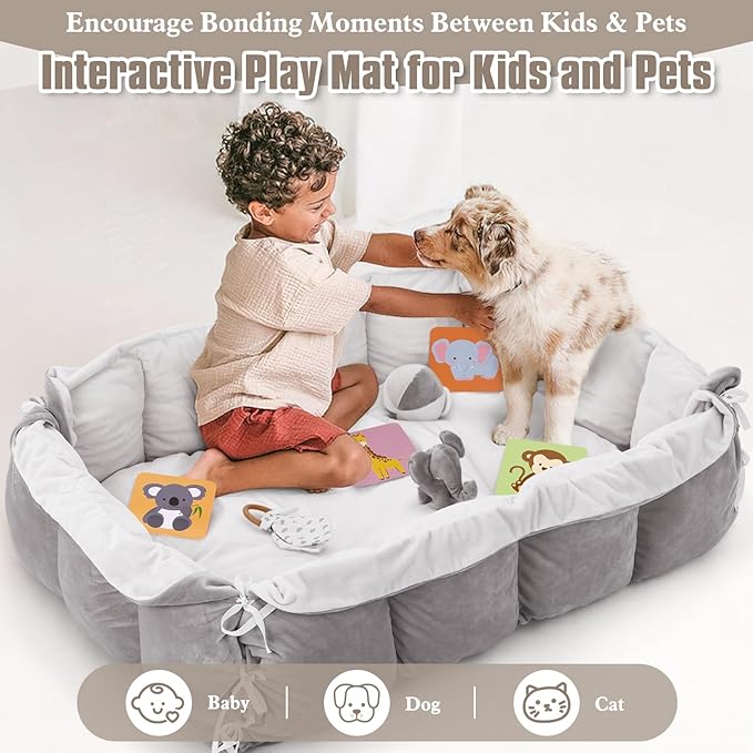 5-in-1 Plush Baby Play Gym, Baby Play Mats, Convertible Baby Gym with Pillow, Tummy time mat, Baby&Ped Bed, 6 Sensory Toys, Baby Activity Center from Newborn to Toddler, Ball Pit, Rectangular Grey