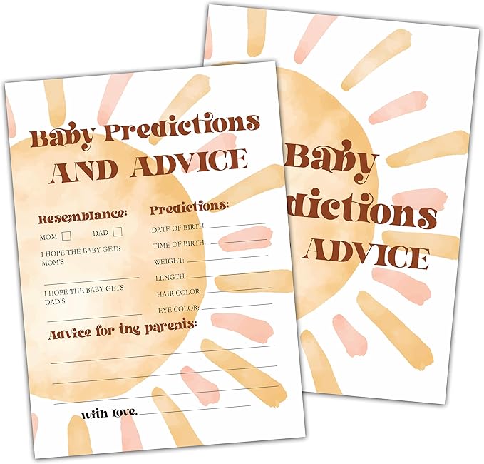 Baby Shower Games For Boy, Boho Sun Baby Predictions and Advice Baby Shower Game, Sunshine Here Comes The Son Gender Reveal Games, Set of 25 Cards(Bohosun006)