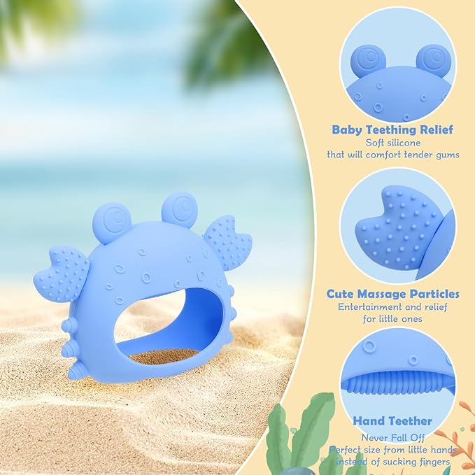 Anboor 2 Pack Baby Teething Toys, Silicone Teethers for Babies 0-6 Months Anti Dropping Hand Teether, Infant Baby Chew Toys for Teething Relief, for Newborn Soon-to-be Mothers (Blue,Crab)