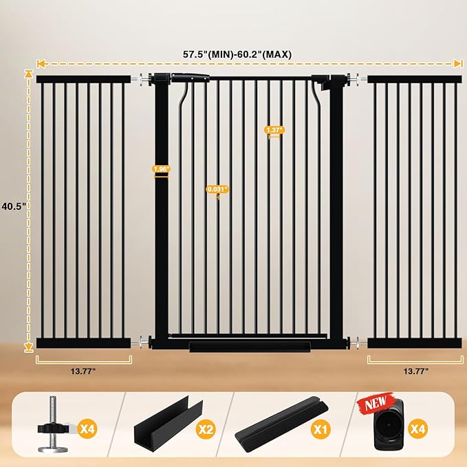 40.5" Extra Tall Cat Pet Gate 57.4-60.2" Wide Pressure Mounted Tall Pet Gate Easy Walk-Through Auto-Close Safety Baby Gate for Cats and Dogs for Indoor Stairs, Doorways, and Kitchen
