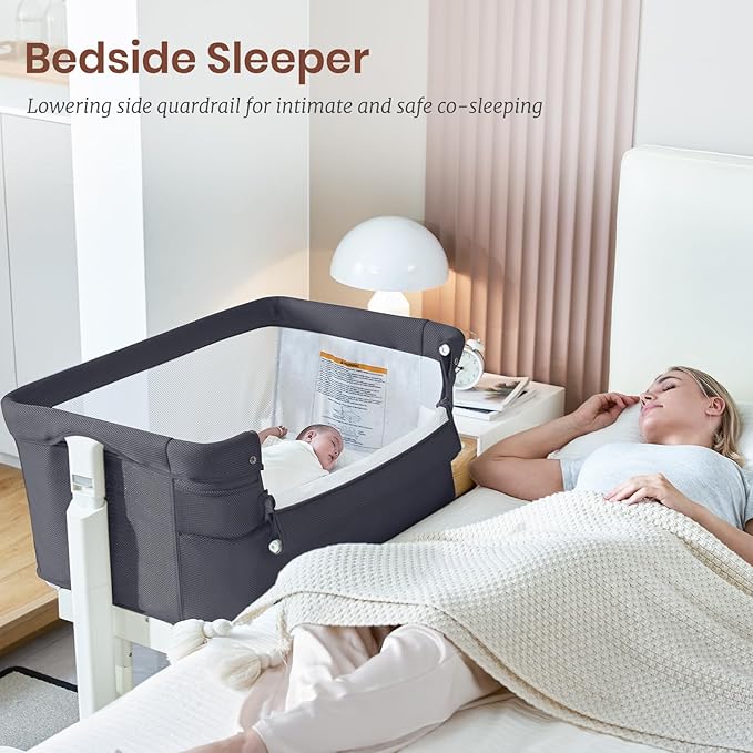 Rocking Bassinet for Baby Automatic Bedside Crib Electric Cradle 5 Heights Adjustable Bedside Sleeper for Babies Infant Smart Auto Rocking Crib 3 in 1 Bassinet on Wheels, Dark Grey