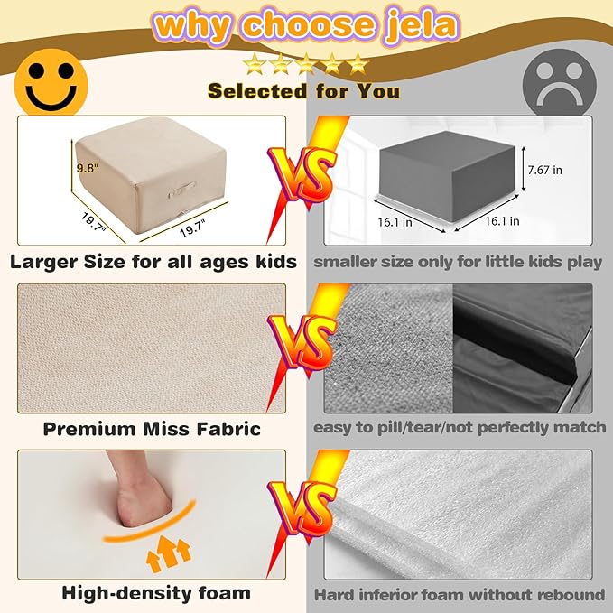 jela Kids Foam Climbing Blocks 6Pcs Soft Play Equipment Luxury Miss Fabric Toddler Climbing Toys Indoor, Lightweight Climbing Blocks for Babies, Kids, Climb and Crawl Foam Playset (Sand Beige)