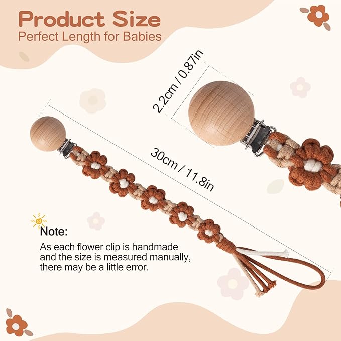 Pacifier Clip for Boys Girls Floral Daisy Macrame Paci Clip Pacifier Holder Leash Boho Wooden Clips Handmade Braided Cotton Unisex Baby Shower Birthday Gift