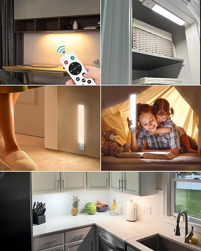 Diomart 3 Pack Under Cabinet Lights Wireless, 64 LEDs Dimmable Motion Sensor Closet Lights with Remote, Rechargeable Under Counter Lights for Kitchen, Wardrobe, Hallway, Stairs, 3 Color Temperatures