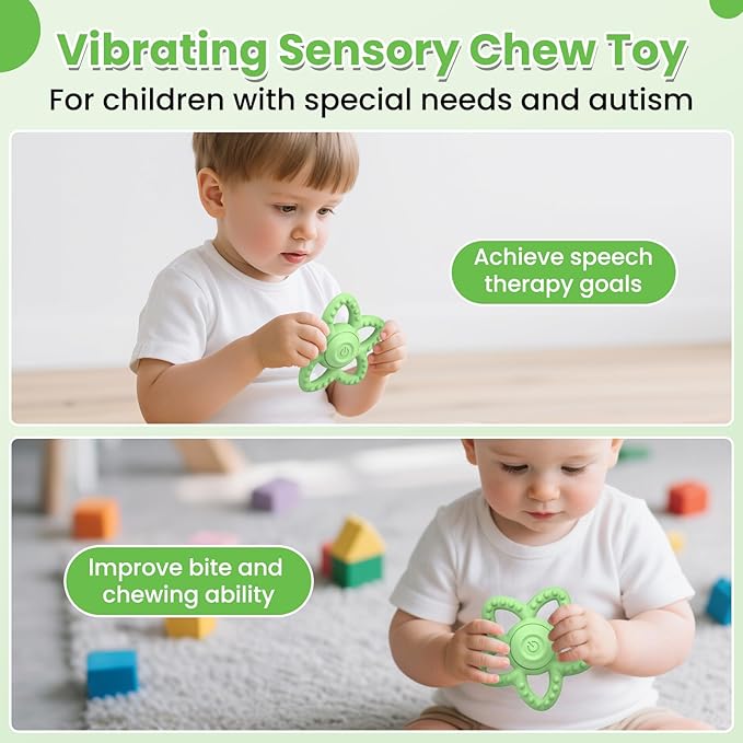 Vibrating Sensory Chew Toy - Dual Use Teethers for Babies 3-6 Months/6-18 Months & Autism Chew Toys, Baby Teething Toys with 3 Vibration Modes, Sensory Toys for Kids with Autism(Green)