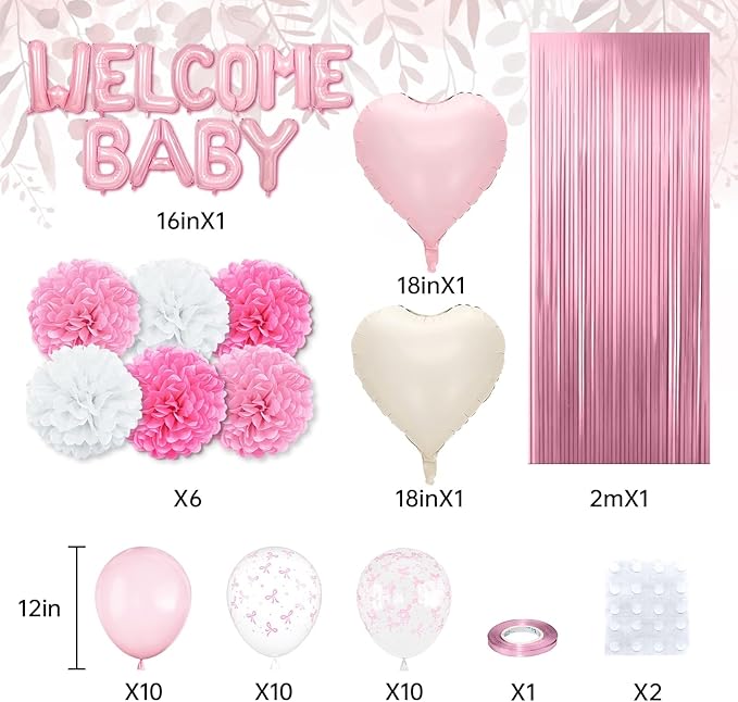 Pink Baby Shower Decorations for Girl,Welcome Baby Balloon Banner with Coquette Pink White Bow Balloons Fringe Curtains Paper Pom Poms for Baby Shower Gender Reveal Party Supplies