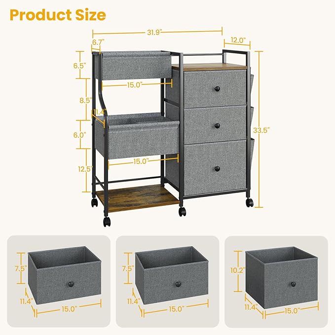 Baby Diaper Caddy, 3 Tier Baby Organizer and Storage Cart with Dividers and Drawers, Mobile Utility Rolling Cart, Newborn Baby Essentials Storage Cart with Wheels for Nursery, Bedroom, Grey