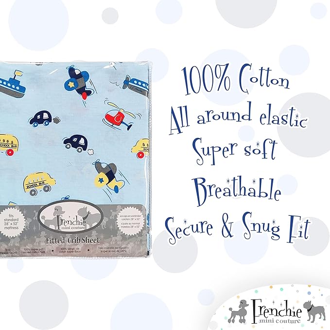 Fitted Crib Sheet Single, 100% Woven Cotton, Toddler Fitted Sheet, Fits Standard Size Baby Mattress 28 x 52 x 8in, Cars, Boats, & Planes (Light Blue)