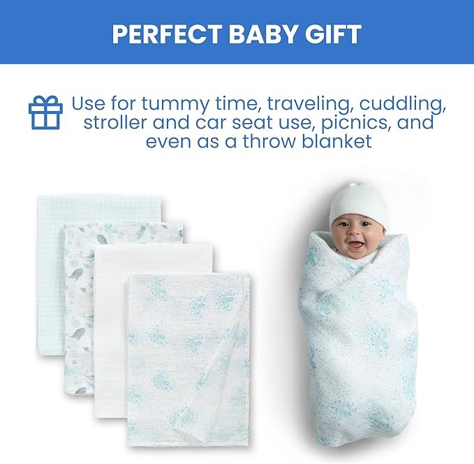 Delta Children 100% Cotton Muslin Baby Receiving Blankets for Girls and Boys – 47x47 Inches (Pack of 4), Sea Life