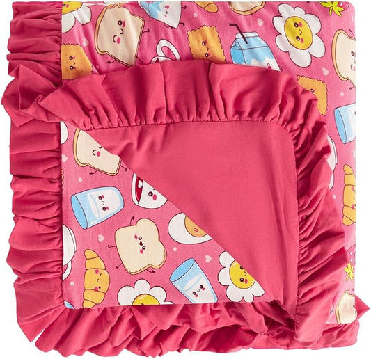 Premium Baby Blanket for Girls, Stretchy Quilt, Soft Crib Bedding for Newborn Baby and Toddler, Ruffle Nursery Blanket for Kids, Viscose Made from Bamboo, 50''x50'' Pink Breakfast One Size
