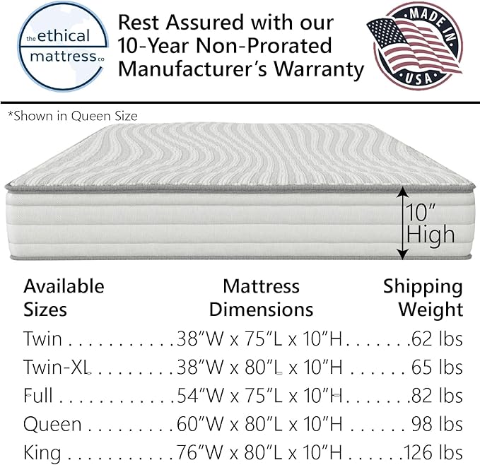 Ethical Mattress CO 10" Toxin-Free Hybrid Mattress, Made in The USA with Organic Cotton, Wool, Latex & Pocketed Coils (No Fiberglass or Polyfoams) Comfortable & Supportive Bed-in-Box - Twin Size