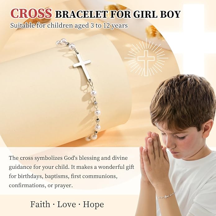 Baby Baptism Cross Bracelet Gift : 18k Gold Plated/Silver Delicate Pearl Cross Bracelets Kids Daughter Granddaughter Birthday First Communion Confirmation Gifts Christian Jewelry for Boys Girls