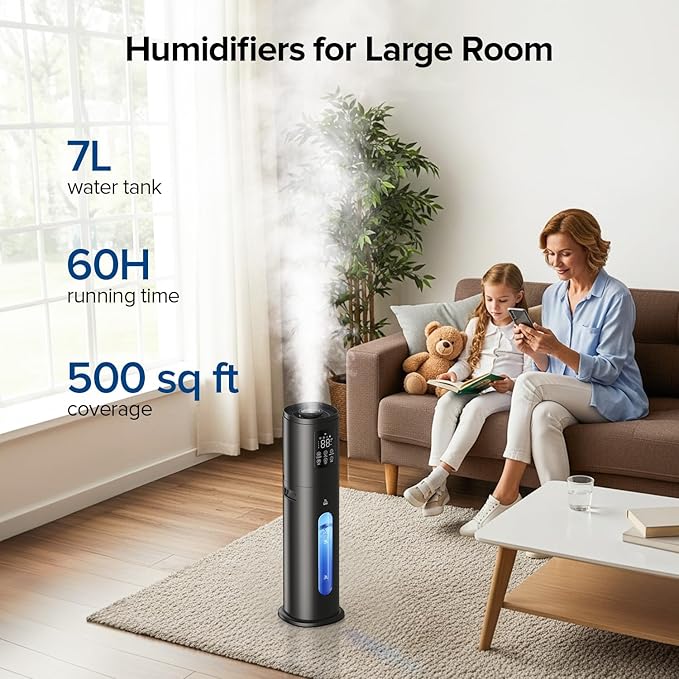 Smart Humidifiers for Bedroom Large Room, 7L/1.85Gal Quiet Humidifiers with 350ML/H Large Mist Speed,Smart App & Remote Control, 4 Mist Levels,Easy Top Fill, Cool Mist Humidifier for Home & Office