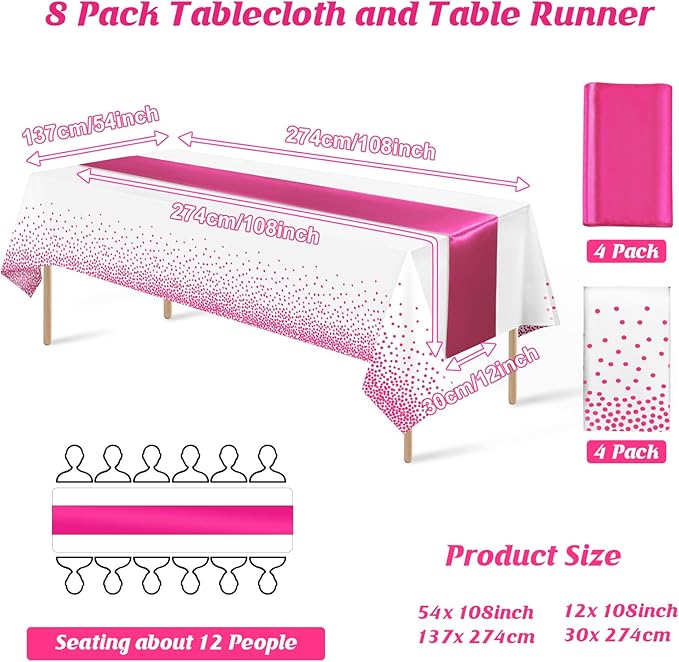 MASHAN 8Pack Disposable Plastic Party Tablecloths & Satin Table Runner Set - White Hot Pink Dot - Wedding, Birthday, Baby Shower - 54 x 108 Inch