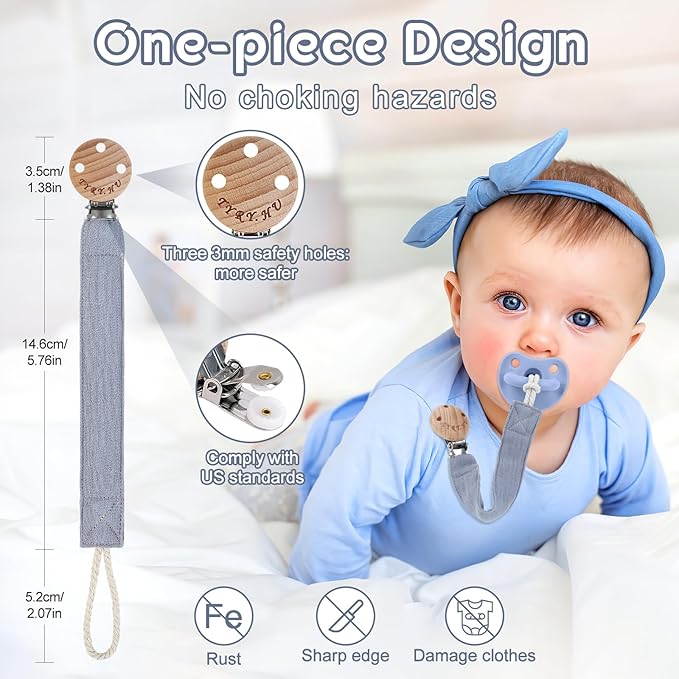 TYRY.HU Ribbon Pacifier Clip Holder,4 Pack Binky Paci Holder Clips, Pacifier Leash for Boys and Girls, Soft Webbing Strap Universal Fits for Most Pacifier, Styles & Teethers(Khaki,Grey,Blue,Green)
