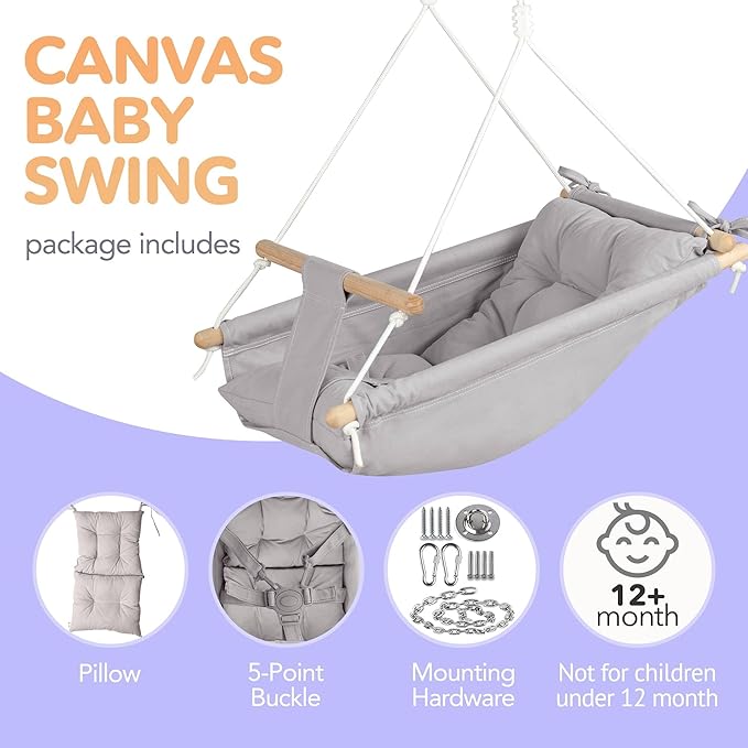 CaTeam Canvas Toddler Swing – Indoor/Outdoor Hanging Chair for Patio & Playroom with Safety Belt – Wooden Baby Seat for Ages 12+ Months – Taupe Gray