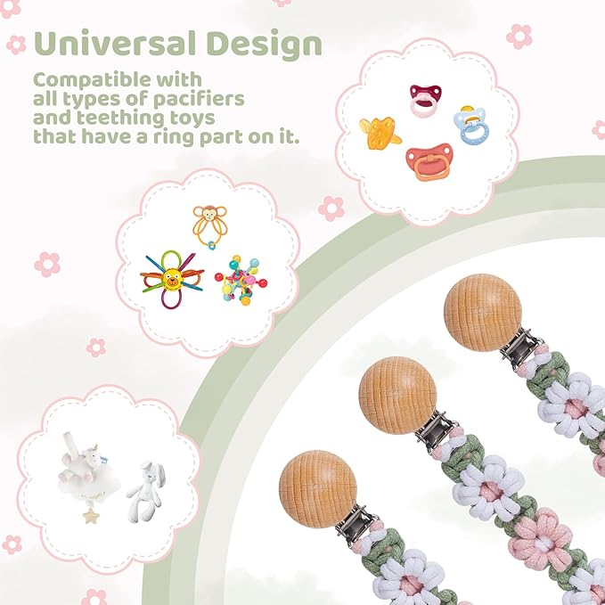 Pacifier Clip for Boys Girls Floral Daisy Macrame Baby Paci Clip Pacifier Holder Leash Boho Wooden Clips Handmade Braided Cotton Binky Clips (1pack:Misty Rose)