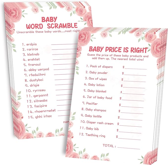 Baby Shower Games for Girl-2 Games(50 of Each),Baby Shower Word Scramble Game&Price is Right,Double-Sided,Thick Cardboard,Fun,Hilarious,with Answer Keys