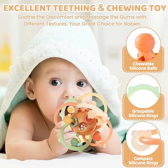 Orzbow Baby Sensory Teething Toys, Infant Montessori Teether Ball, Silicone Baby Rattle Ball Toy, Babies Chew Toys for 3-6-12-18 Months Sucking Needs, Teethers Relief, BPA Free, Brown