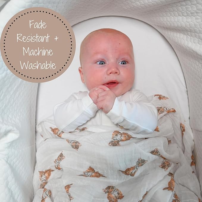 LollyBanks Baby Swaddle Blanket, 100% Muslin Cotton Baby Blanket for Boys and Girls, 47 x 47 Inches Soft and Breathable Swaddles for Newborns, Lightweight Newborn Blanket, Registry (Tiger Cub Print)