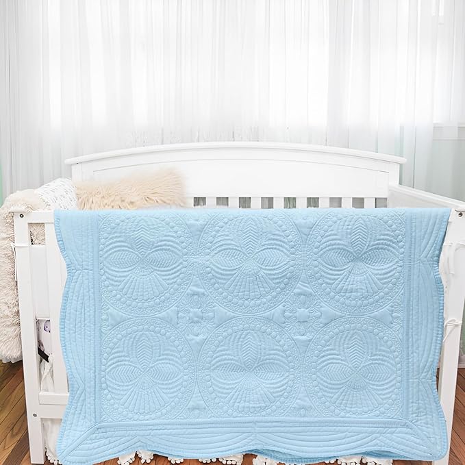 MONOBLANKS Baby Quilt Personlized Monogram Lightweight Embossed Scalloped Throw Blanket Four Seasons (Light Blue)