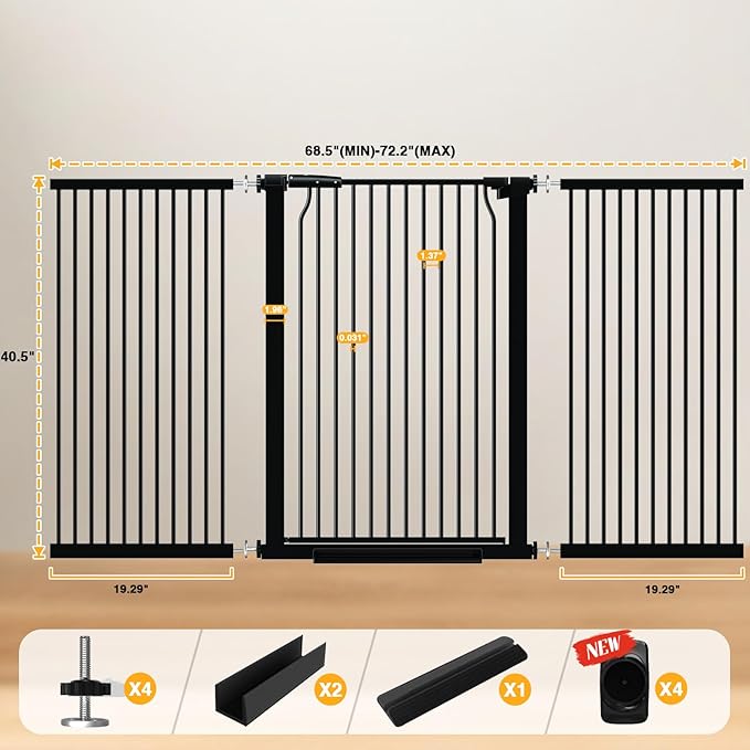 40.5" Tall Baby Gate 68.5-71.2" Wide No Drilling Tall Pet Gate Cat Gate Extra Wide Baby Gate Safety,Extra Narrow Auto-Close for Indoor Stairs, Doorways, and Kitchen
