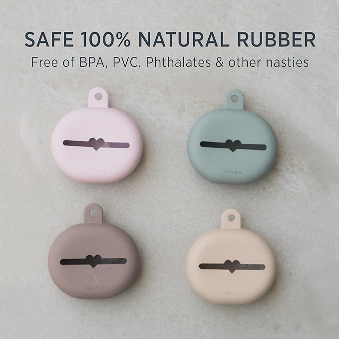 HEVEA Natural Rubber Pacifier Holder Case - 100% Natural Rubber - Danish Design Hygienic Holder for Pacifiers & Bottle Nipples, Easily Attaches to Bags & Strollers, BPA-Free, Vegan - Seafoam Blue