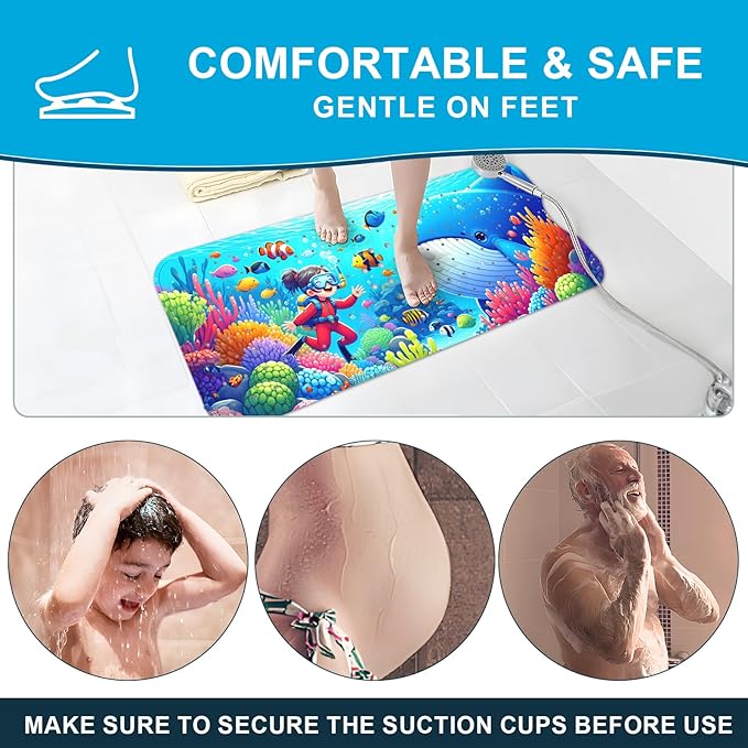 XIYUNTE Baby Bath Mat for Tub Non Slip Kids Bath Mat - 40''x16'' Extra Long Cartoon Whale Baby Bath Tub Mat Eco-Friendly Toddler Bath Mats with Suction Cups & Drain Holes Easy to Clean & Easy Drying