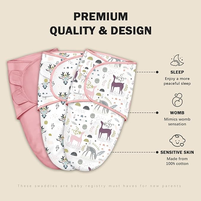 Cute Castle 3-Pack Baby Swaddle Sleep Sacks - Newborn Swaddle Sack - Ergonomic Baby Swaddles Blanket Warp for Boys and Girls - Baby Essentials (0-6 Months - Pink)
