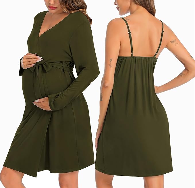 SWOMOG Womens Maternity Robe 2 Piece Nursing Nightgown for Breastfeeding 3 in 1 Labor Delivery Nursing Dress Lace Bathrobe