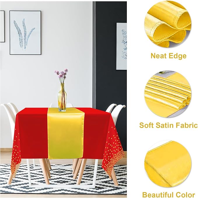 8Pack Disposable Plastic Party Tablecloths and Satin Table Runner Set Red and Gold Dot Table Cloth Gold Satin Table Runner for Wedding Birthday Baby Shower Anniversary Holiday Party Decorations
