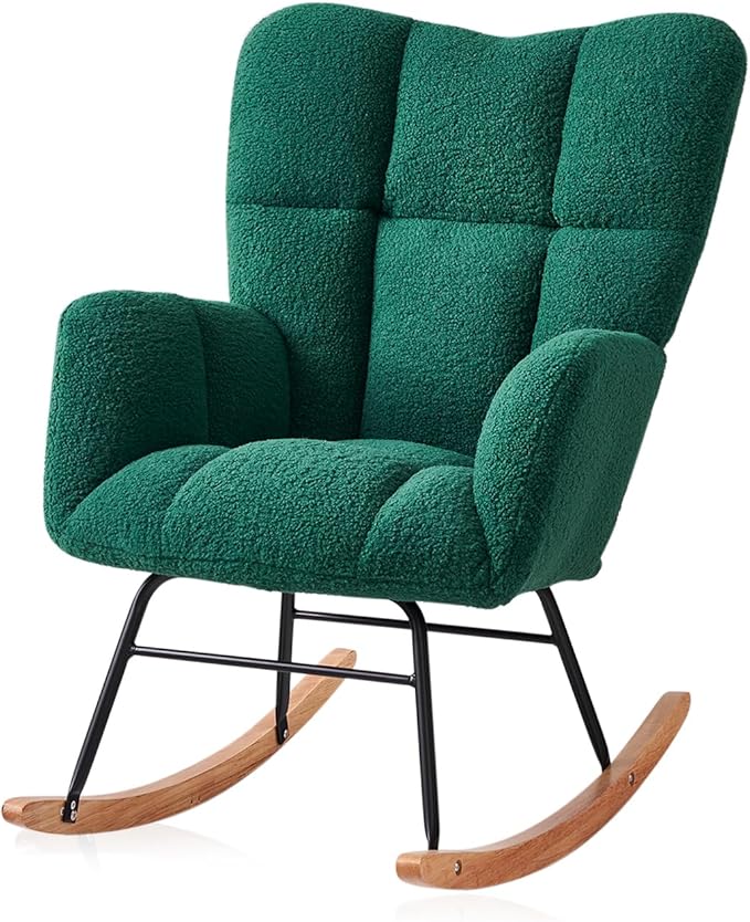 Kiztir Rocking Chair Nursery, High Backrest Teddy Glider Rocker Upholstered Rocker Recliner Modern Rocking Accent Chairs for Bedroom, Living Room, Offices (Green)