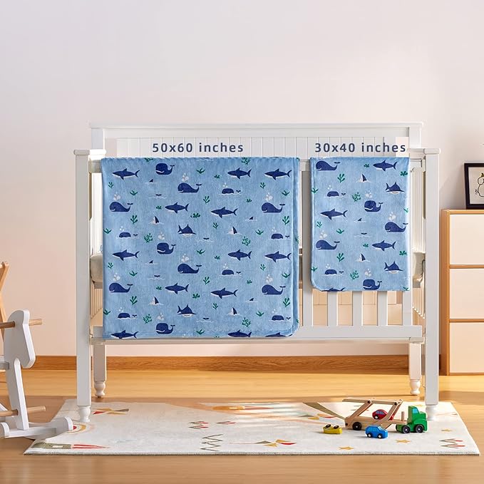 DaysU Silky Micro Soft Plush Baby Blankets for Boys and Girls with Print Animal Pattern and Soothing Raised Dots, Double Layer Bed Throws for Toddler Cot, Shark Whale, Blue, 50x60 Inches