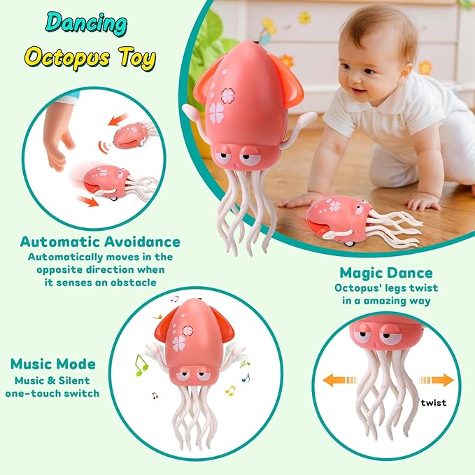 Dancing Octopus Baby Toy, Electric Crawling Squid with Obstacle Avoidance, Infant Light up Music Toys for 3 4 5 6 7 Year Old Kids, Rechargeable Tummy Time Toy Boy Girl Birthday Gifts (Pink)