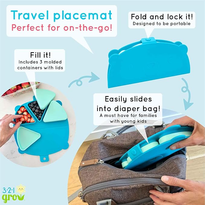 On-The-Go Snack Mat – Baby Silicone Travel Dining Placemat – Portable Silicone Toddler Plate – Reusable Snack Container with 3 Compartments and Lids for 6 Months + (Ocean)
