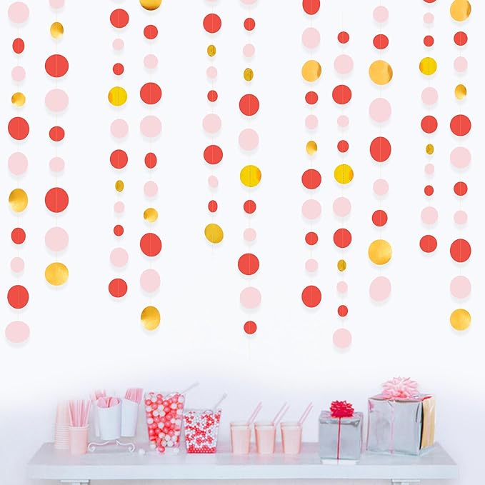 Gold Red Pink Party Decorations Circle Dots Garland Metallic Gold Light Pink with Watermelon Red Hanging Polka Dot Streamer for Women Girl Birthday Bridal Shower Wedding Engagement Hen Party Supplies