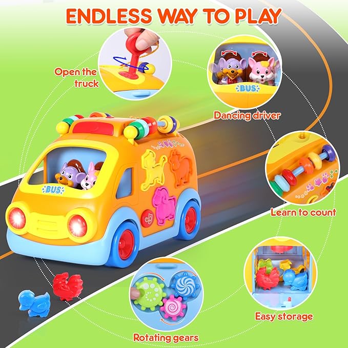 Toy Cars for 1 Year Old Boy Gifts Baby Toys 12-18 Months, Musical Learning Toys for Toddlers 1-3, Educational Baby Bus with Animal Blocks, Christmas Birthday Gift for 1 2 3 4 Year Old Boys Girls Kids