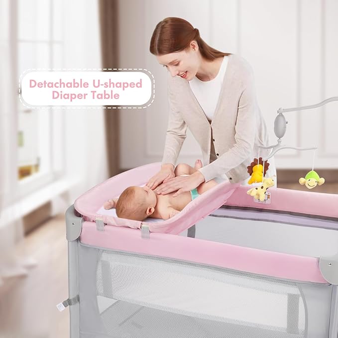 SIMPLGIRL 5-in-1 Baby Bassinet Bedside Crib, Pack and Play Long Next to Parents Bed Crib, Foldable Playard, Playpen Travel Bed Nursery Center for Girl Boy Infant Newborn