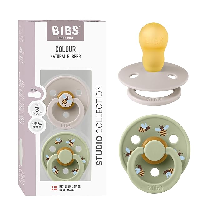 BIBS Colour Studio Soother 2-Pack, BPA Free Dummy Pacifier, Round Nipple. Natural Rubber Latex, Made in Denmark, Size 3 (18+ Months), Mushroom/Sage