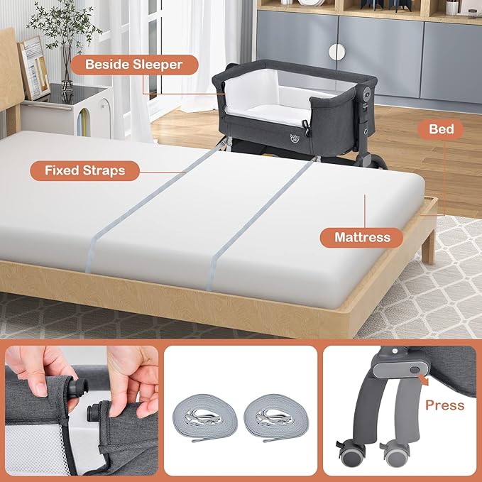 BABY JOY Baby Bassinet, 3-in-1 Rocking Bassinet w/Storage Basket, Double-Lock Design, 7 Adjustable Heights, Soft Mattress & Portable Travel Bag, Bassinet Bedside Sleeper for Newborns Infants (Gray)