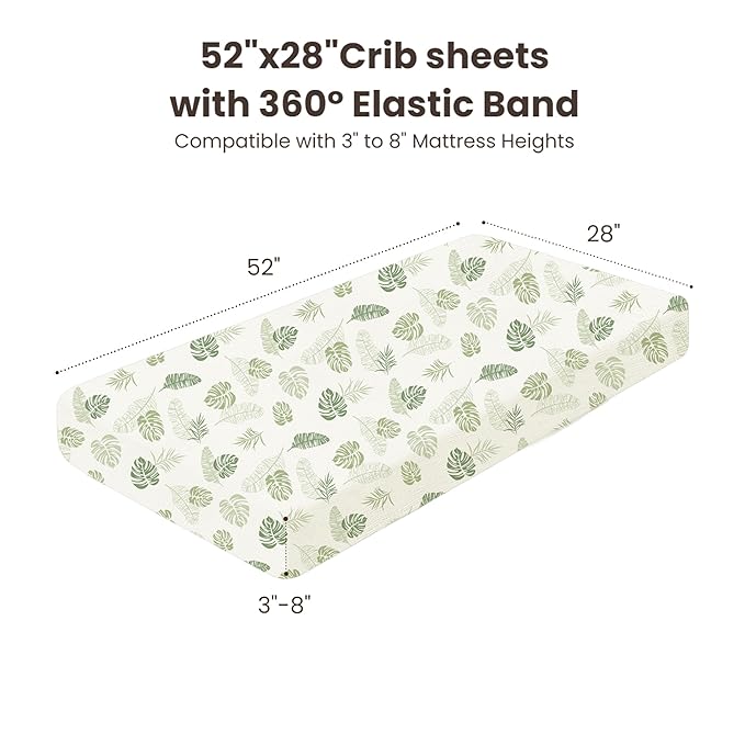 Konssy Muslin Crib Sheets for Boys, Soft Cotton Neutral Baby Sheets for Standard Crib Mattress 2 Pack, 52"x28" (Palm Paradise,Sage)