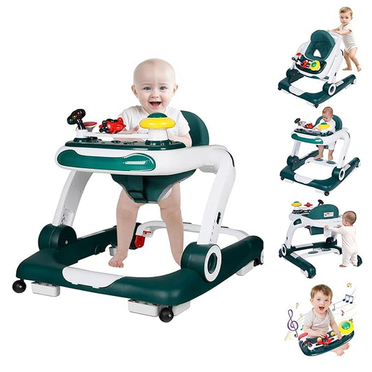 Kinder King Baby Walker with Music & Lights, 5 in 1 Baby Bouncer Activity Walker, Adjustable Height & Seat, Learning-Seated & Toddler Walk-Behind, Safety Bumper, Infant Walker Anti-Rollover, Green