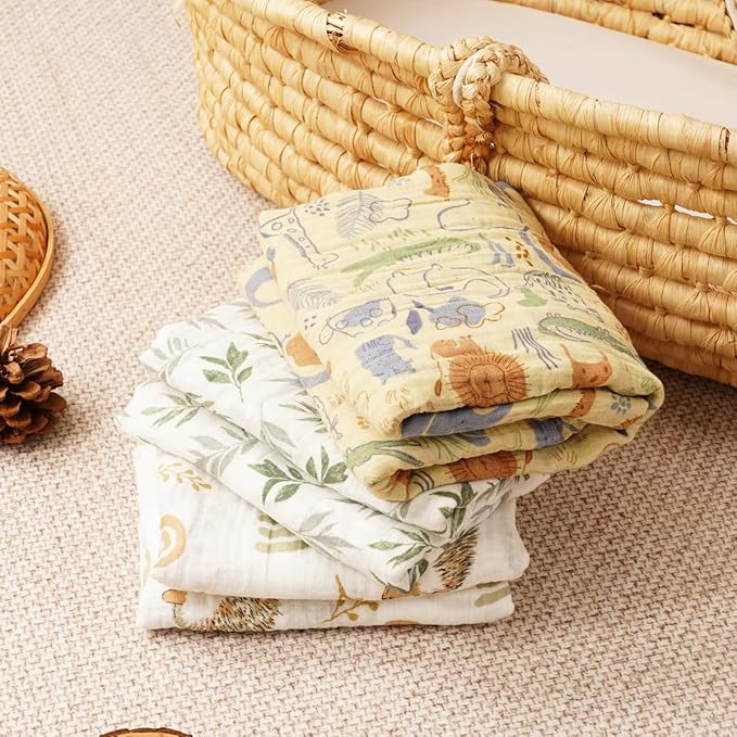 Muslin Swaddle Blankets for Baby Boys and Girls,3 Pack Breathable Soft Receiving Blanket,Large 43.3X 43.3 inches,Newborn Essentials Must Haves(Jungle)